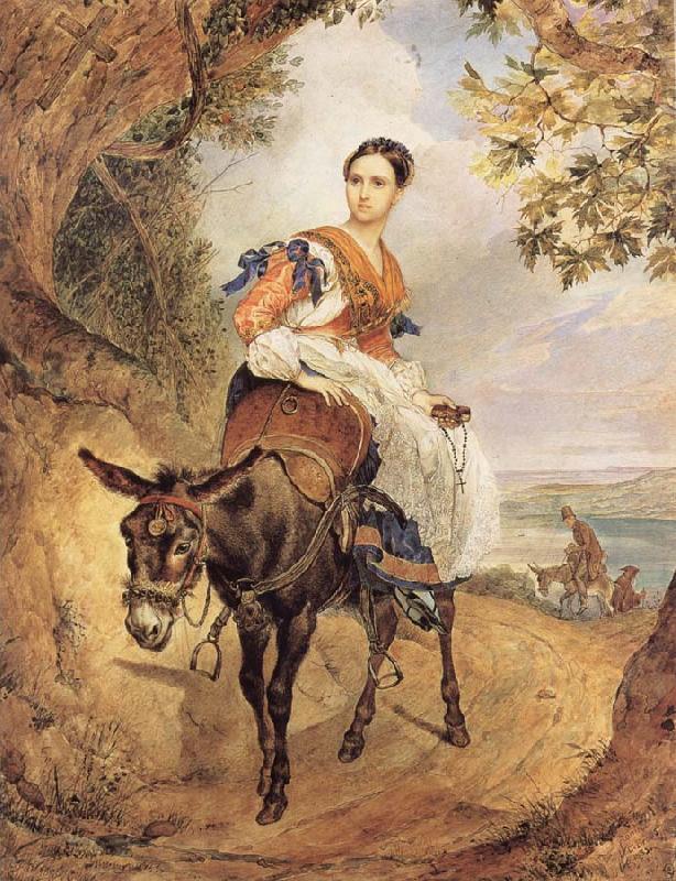 Karl Briullov Portrait of countess olga fersen riding a donkey Sweden oil painting art